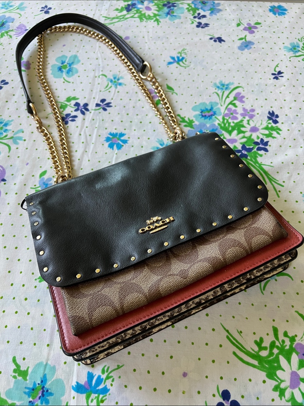 Coach Klare Leather Brown Monogram Crossbody with Snake Print Accent